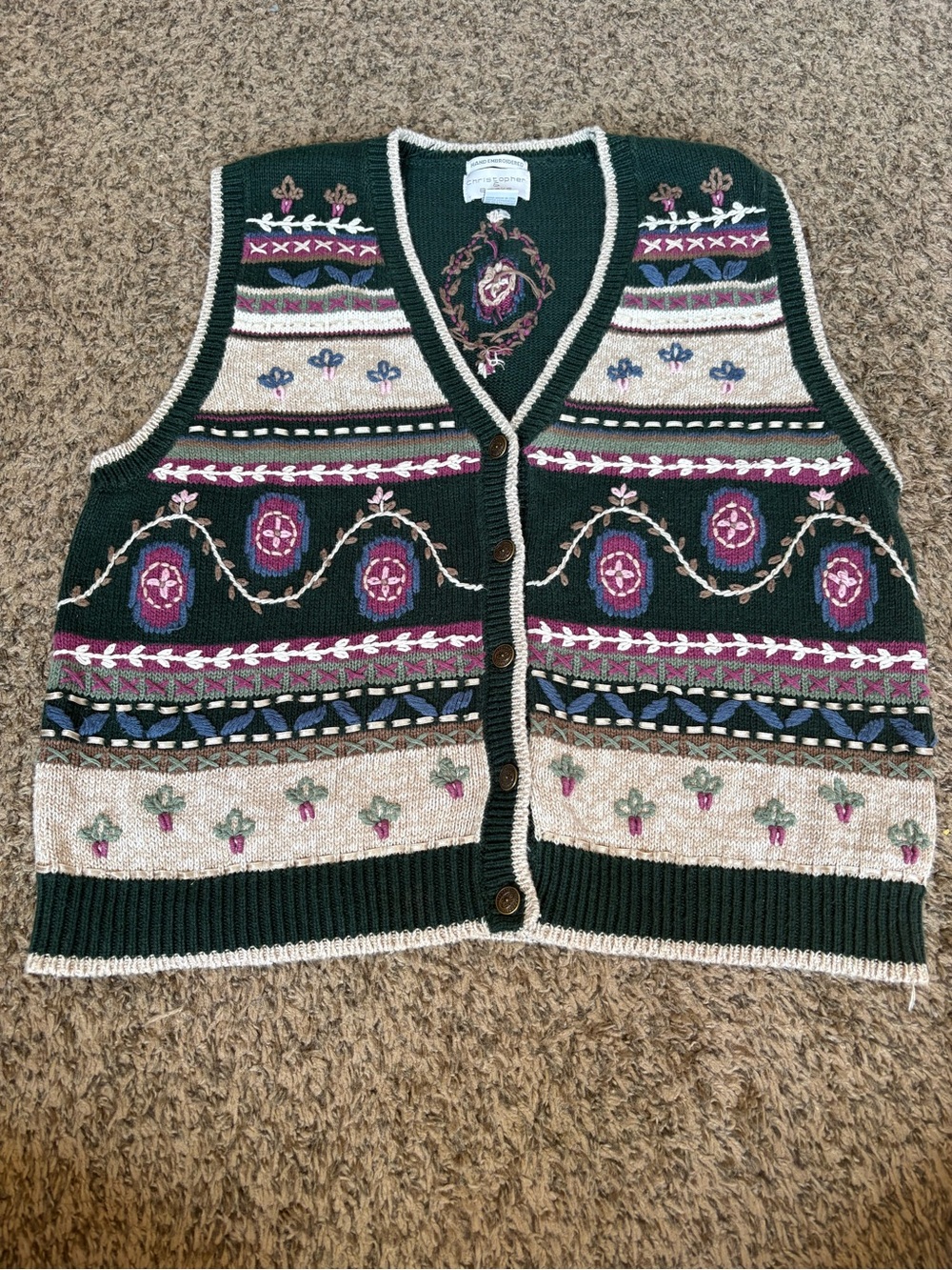 Christopher & Banks Dark Green Multicolor Embroidered Button-Front Sweater Vest